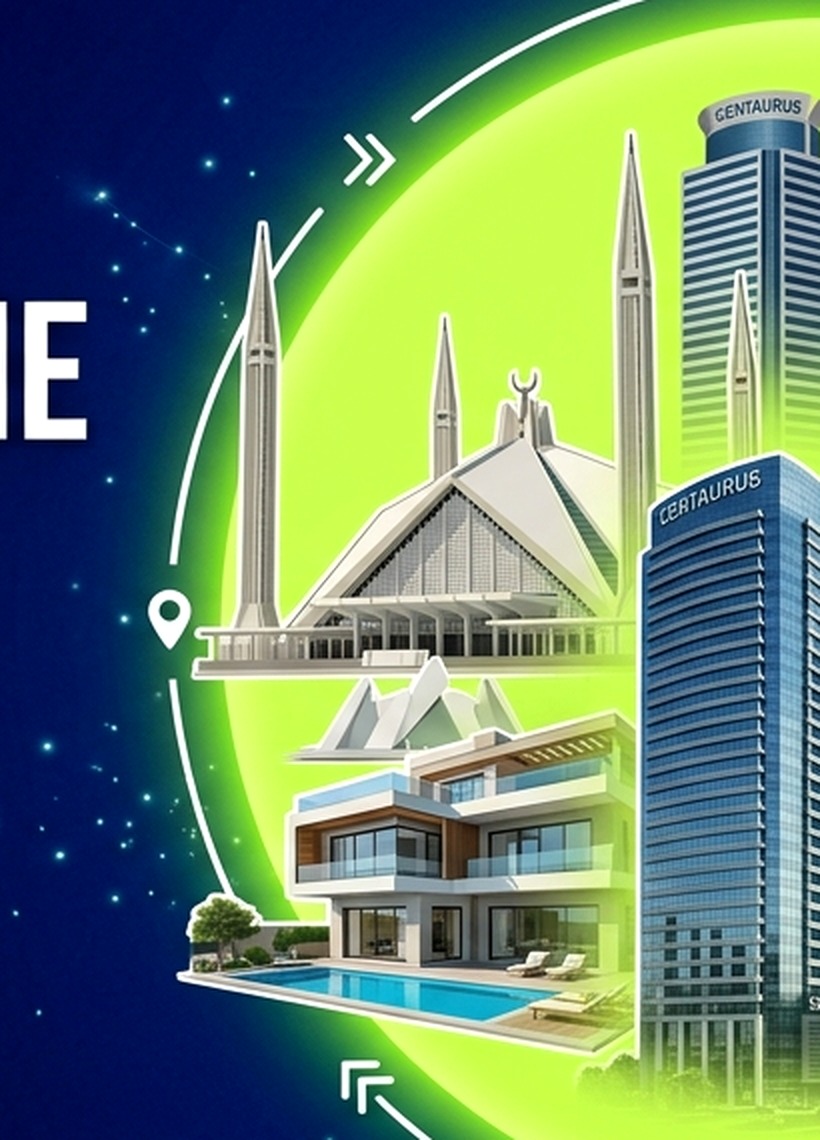 Islamabad landmarks with Faisal Mosque and Centaurus